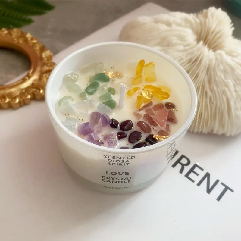 Scented Candles Crystal Stone Ore with Glass Cup Dried Flowers Aromatherapy Candle