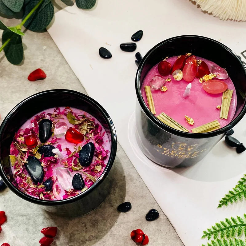 Dried Flower Crystal Stone Scented Candle with Gift Box Black Glass Cup Aromatherapy Candles