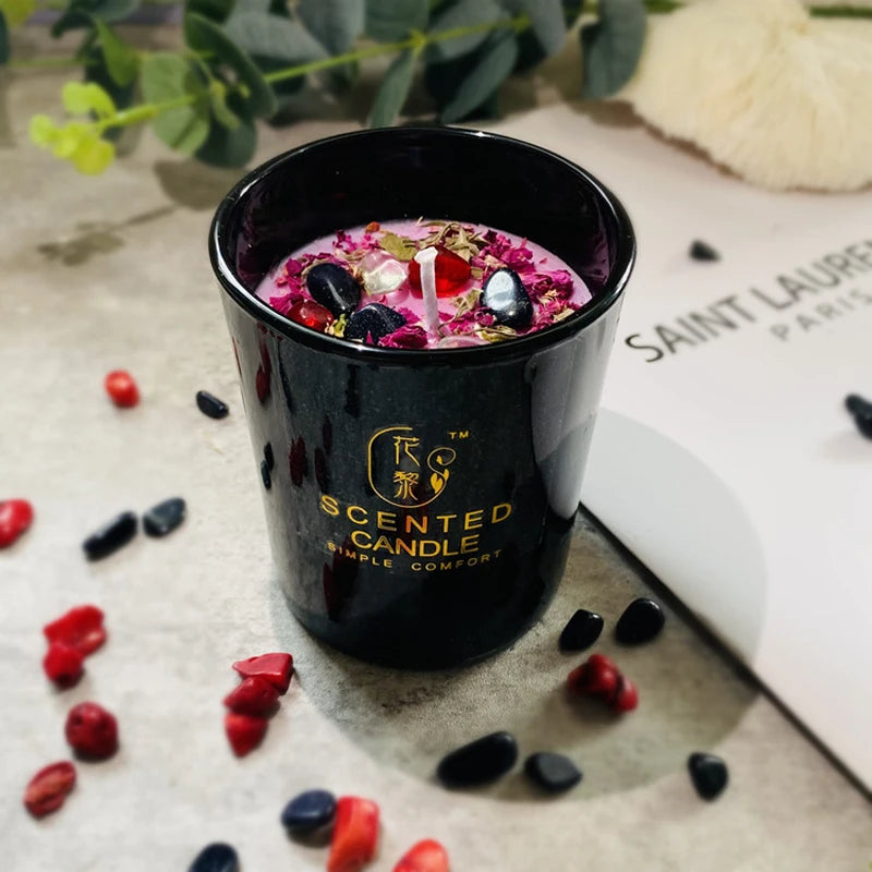 Dried Flower Crystal Stone Scented Candle with Gift Box Black Glass Cup Aromatherapy Candles