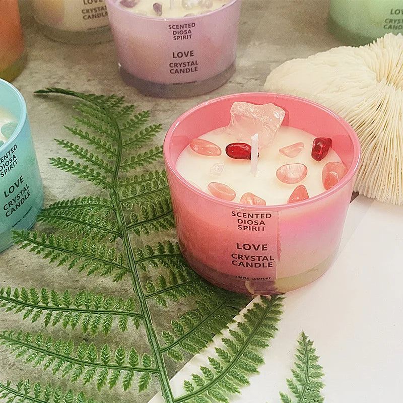 Scented Candles Crystal Stone Ore with Glass Cup Dried Flowers Aromatherapy Candle