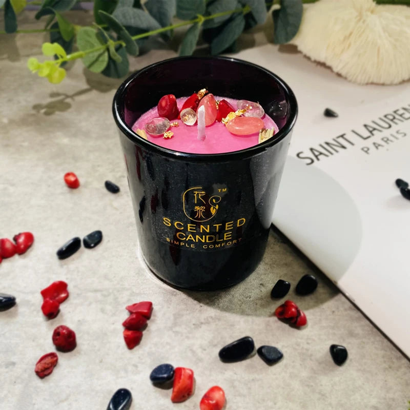 Dried Flower Crystal Stone Scented Candle with Gift Box Black Glass Cup Aromatherapy Candles