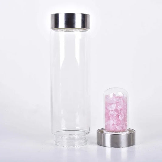 Natural Quartz Gemstone Crystal Glass Elixir Water Bottle